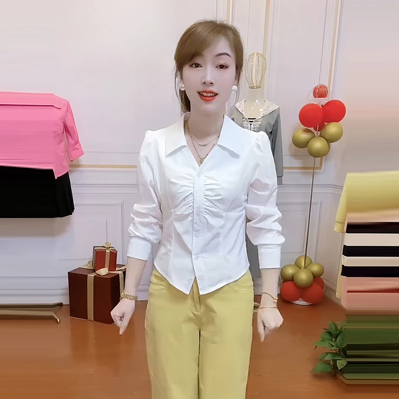 设计感褶皱纯色长袖衬衫女夏季洋气减龄休闲显瘦衬衣正肩纯色上衣