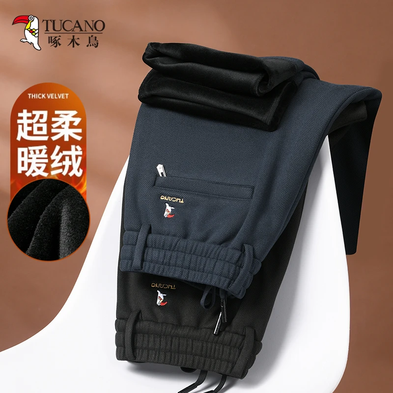 TUCANO/啄木鳥加厚加绒高弹男士休闲长裤宽松直筒秋冬款运动男裤