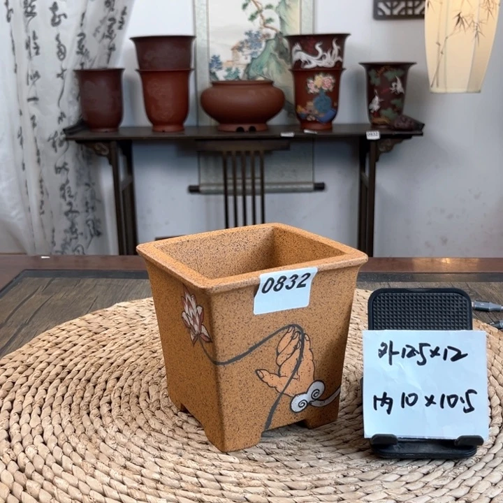 紫砂花盆柴烧佛手拈花彩绘四方0832