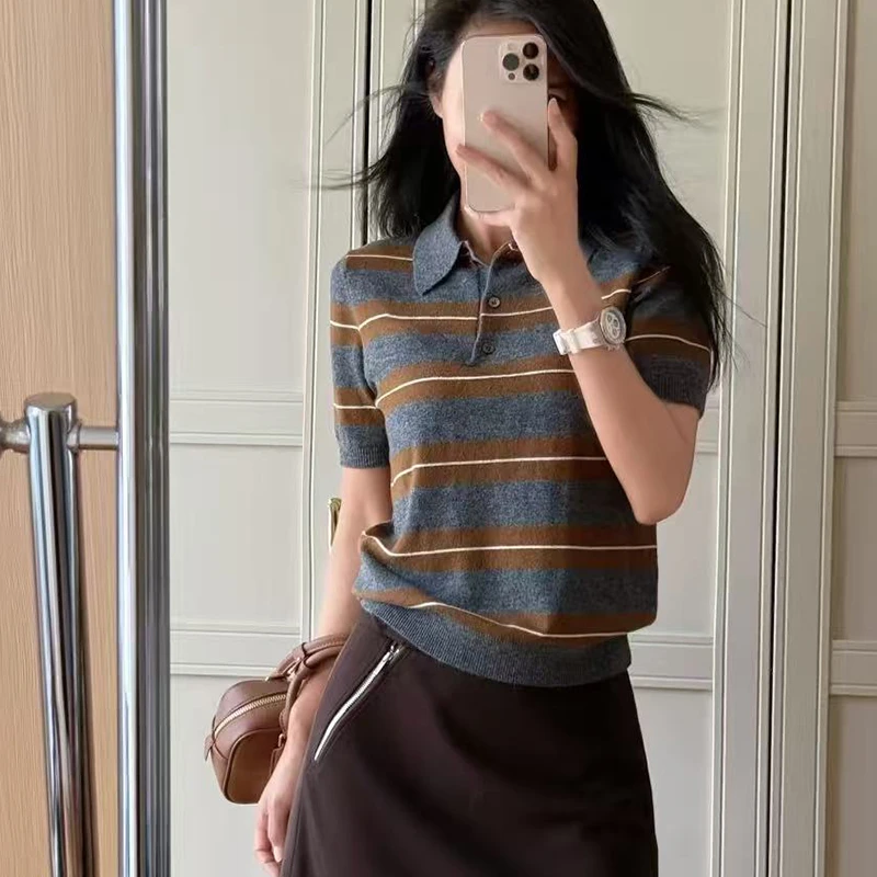 《212》南油高定撞色条纹显瘦高级感短袖针织