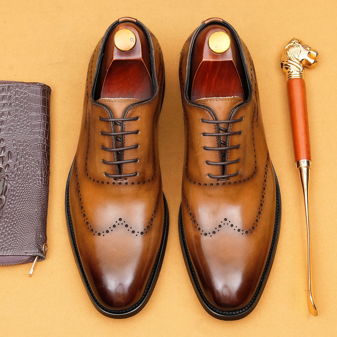 真皮一片式牛津鞋男士正装皮鞋英伦风商务皮鞋男款布洛克雕花皮鞋