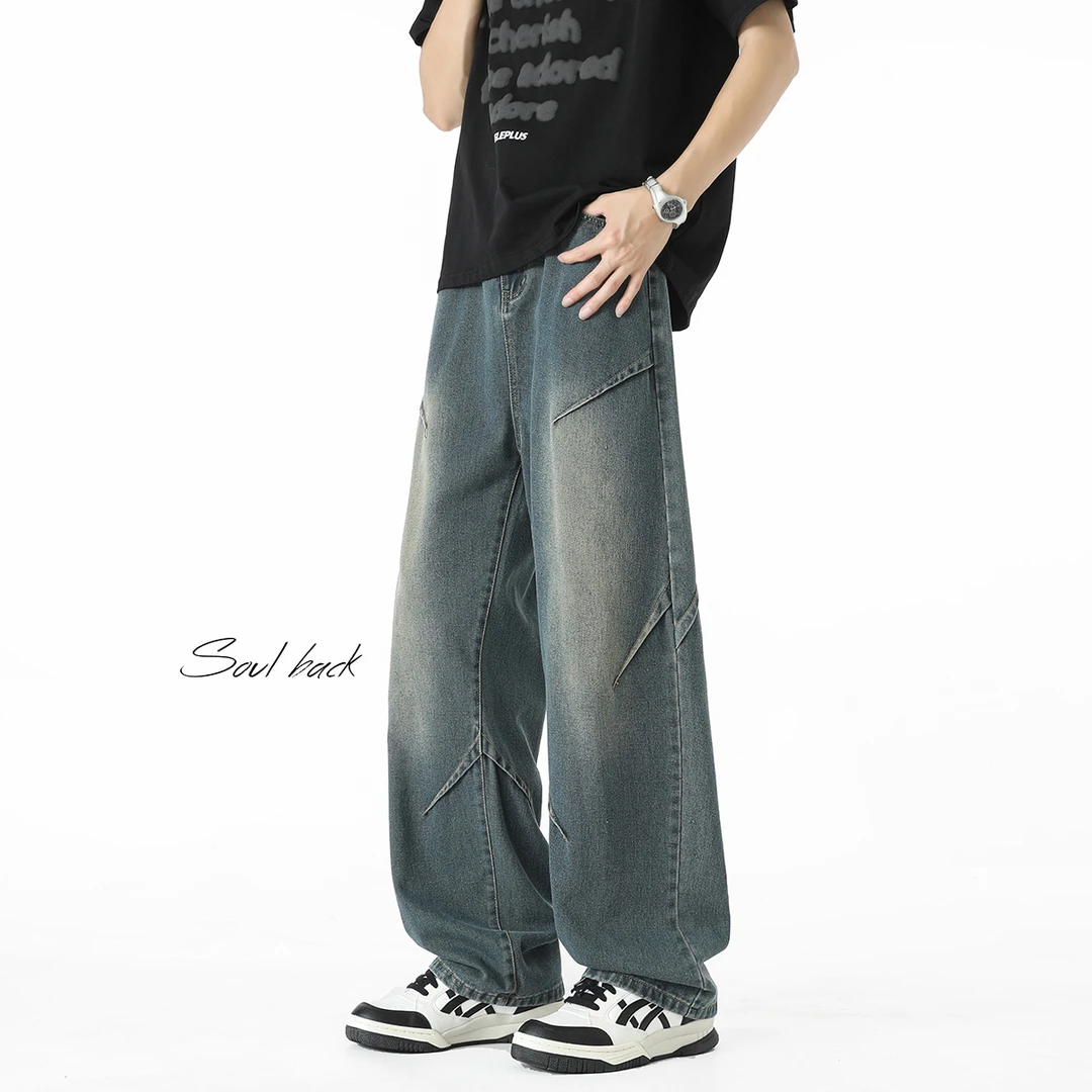 美式褶皱牛仔裤男款春秋季高街潮牌水洗做旧宽松直筒结构弯刀裤子