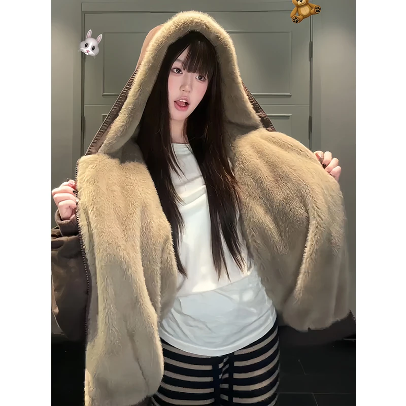 美式咖啡色重磅帆布仿貂毛连帽座山雕棉服女冬季加厚连帽毛领外套