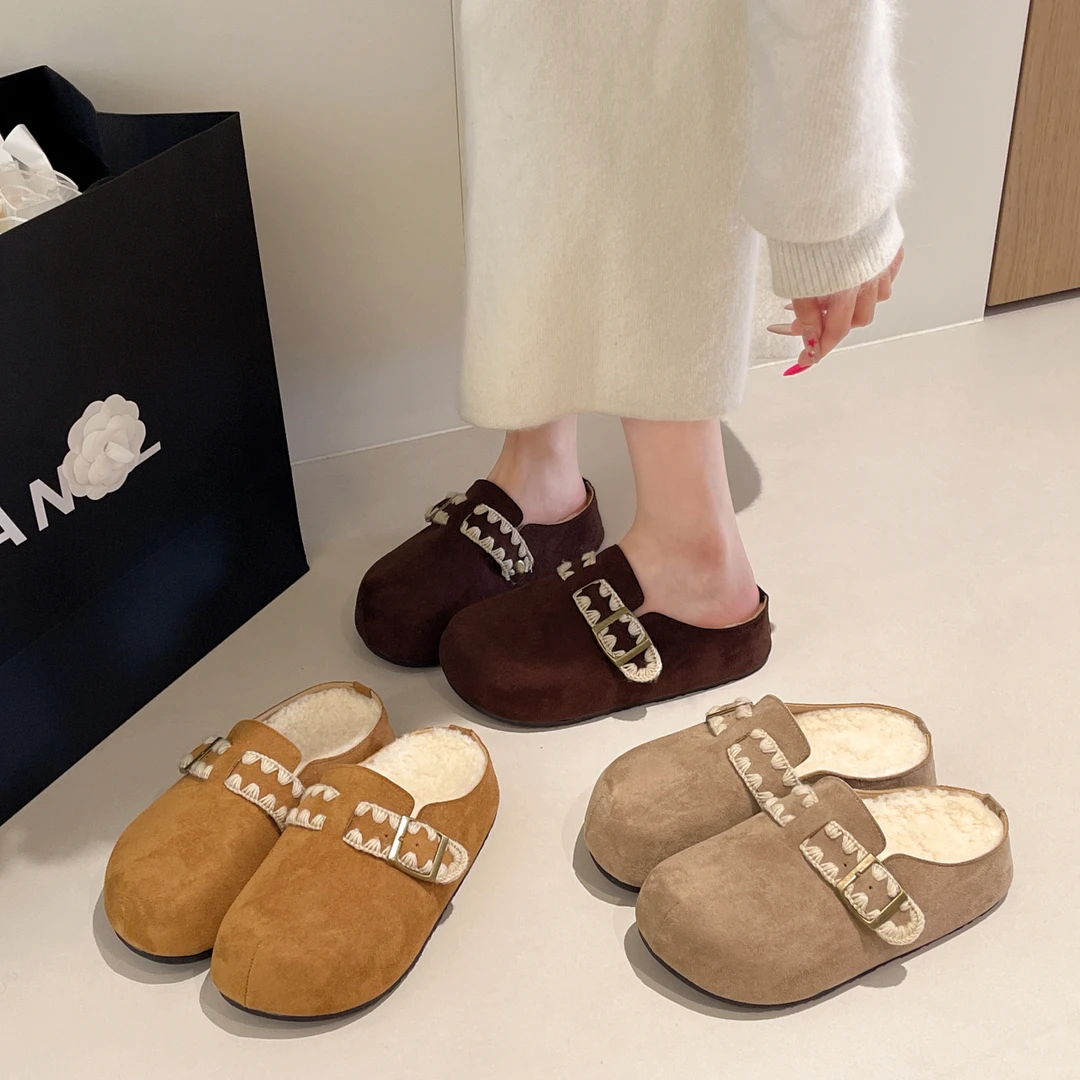 【小王专属】增高厚底勃肯包头毛毛半拖鞋女外穿秋冬季复古加绒鞋子