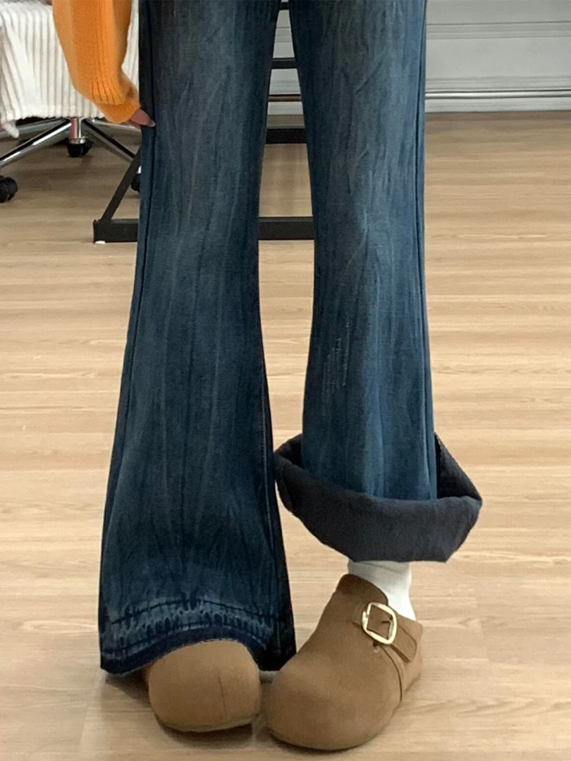 加绒加厚复古蓝微喇牛仔裤女秋冬新款胖妹妹mm高腰显瘦阔腿喇叭裤