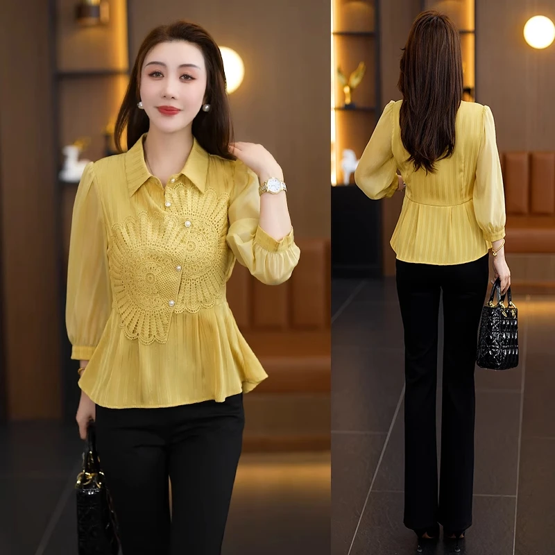 雪纺衬衫女七分袖上衣2025年夏季新款设计感蕾丝拼接显瘦洋气小衫
