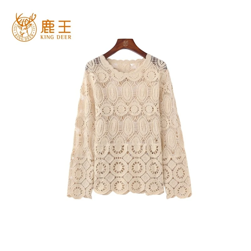 鹿王25春新款女圆领100山羊绒重工镂空钩花时尚针织套衫 20256012