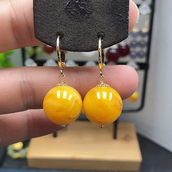 蜜蜡银S925镀金镶嵌耳饰尺寸16mm