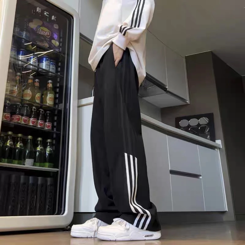 早春美式潮流重磅卫裤男女款三条杠条纹运动裤慵懒通勤直筒休闲裤