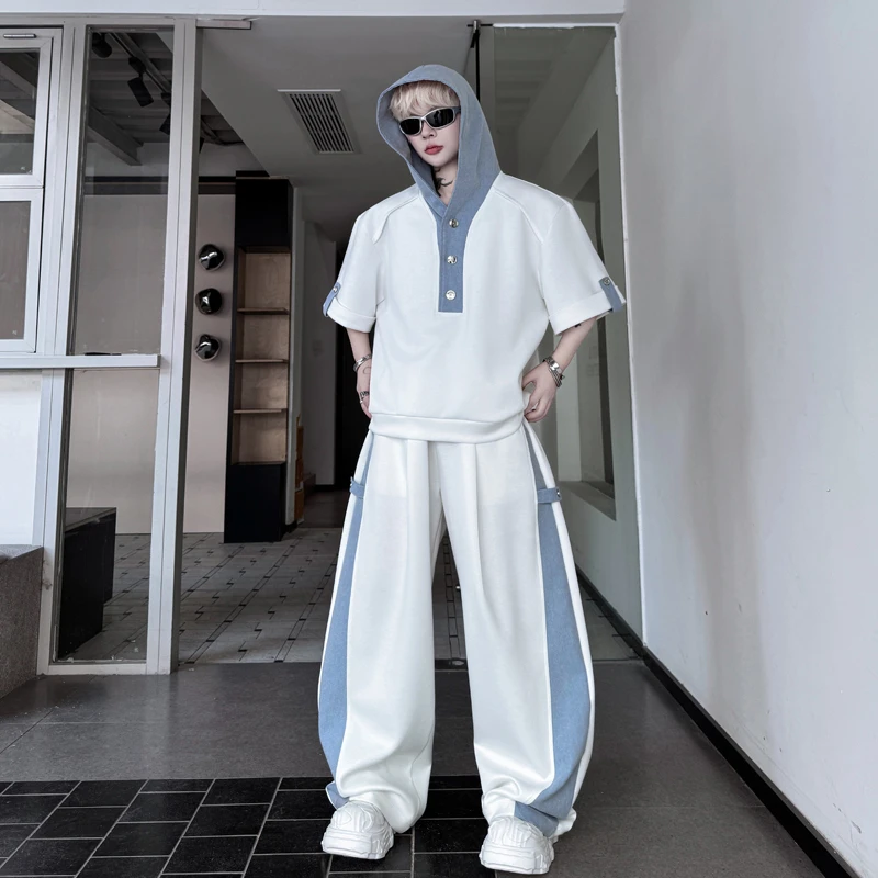 高级感小众撞色连帽短袖卫衣套装男T恤痞帅弯刀裤阔腿长裤两件套