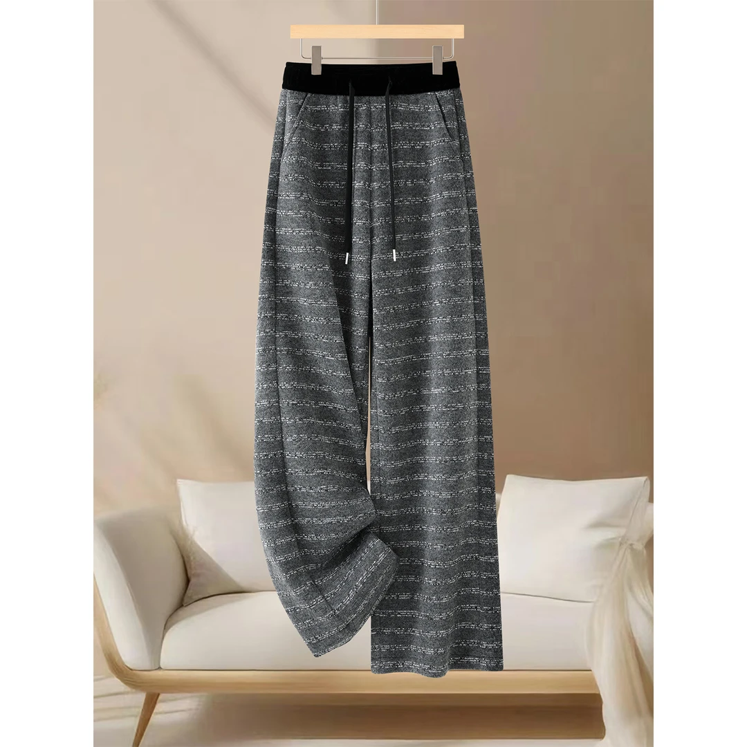 毛呢条纹阔腿裤女2025新款秋冬高腰显瘦宽松垂感百搭休闲直筒裤女