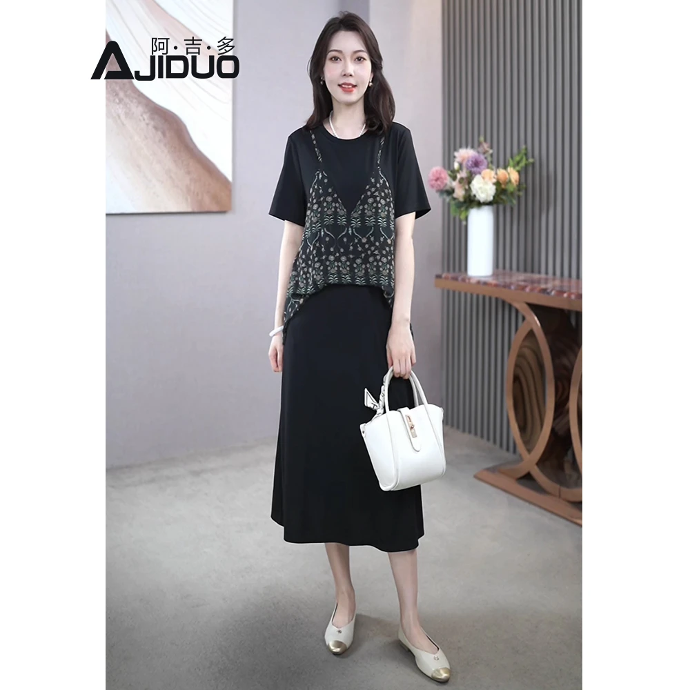 阿吉多A32293休闲时尚假两件连衣裙新款夏季气质洋气大码宽松裙子