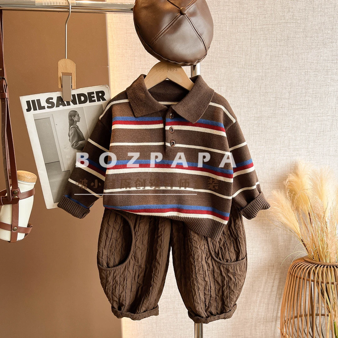 定制【白昼梦想家】2025冬季新款男童加绒加厚条纹POLO领针织毛衣