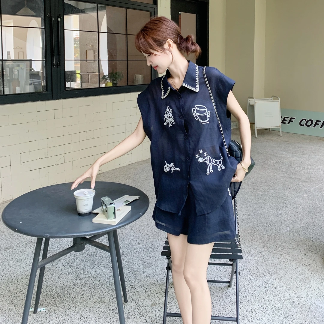 欧洲站高级感设计款撞色刺绣印花宽松衬衫高腰显瘦松紧腰百搭短裤