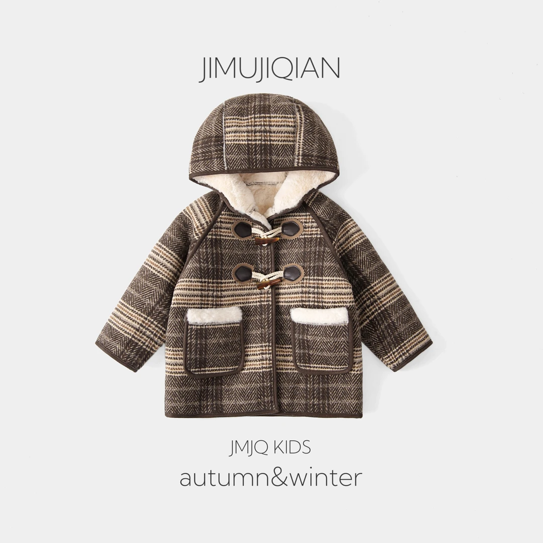 【年款 23595】秋冬款年装中长款儿童休闲毛呢格子保暖连帽外套