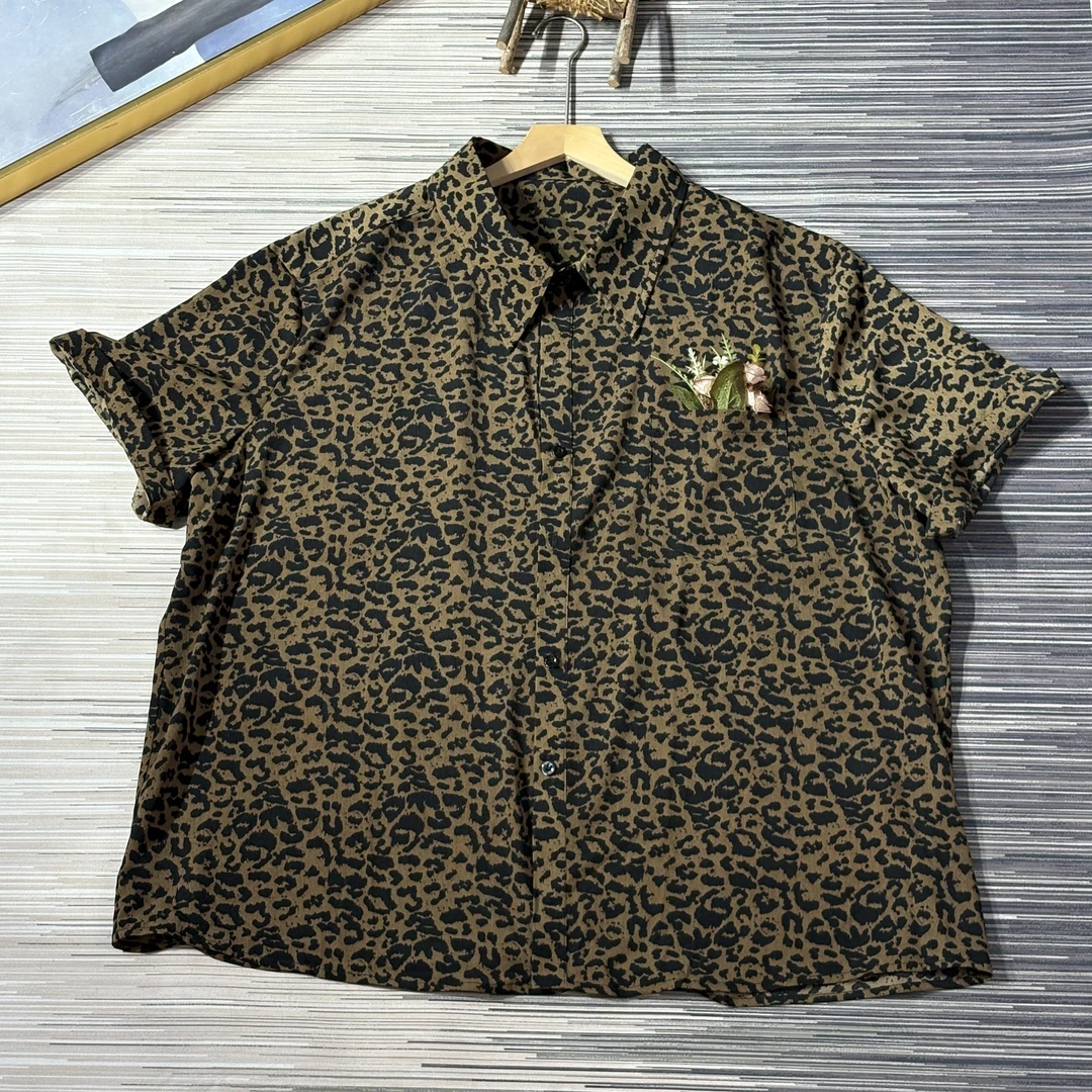 加肥加大码男装短袖T恤花衬衫古巴领经典猎豹纹复古古着痞帅港风