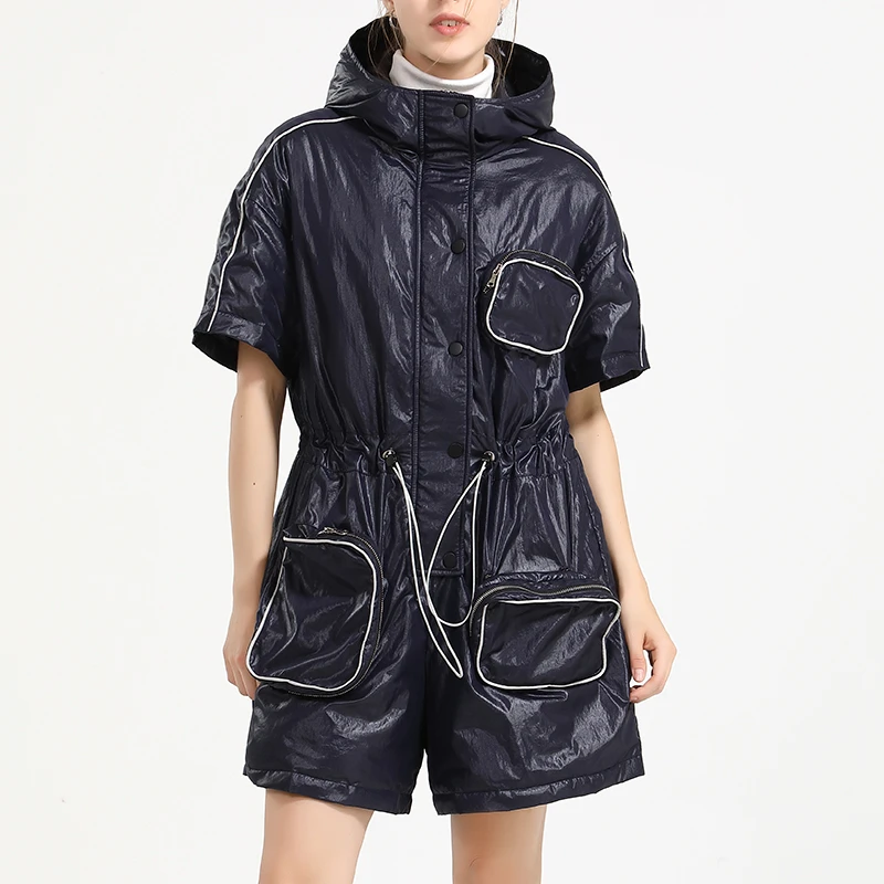 秋冬新款鹅绒羽绒服女连体真两件连帽加厚加绒保暖工装外套修身潮
