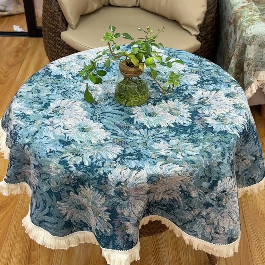 法式莫奈油画风提花圆桌餐桌台桌盖巾布流苏花边茶几布