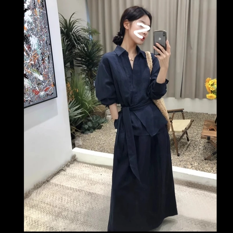 两件套法式气质莱赛尔亚麻收腰系带衬衫+2025显瘦半身长裙套装女