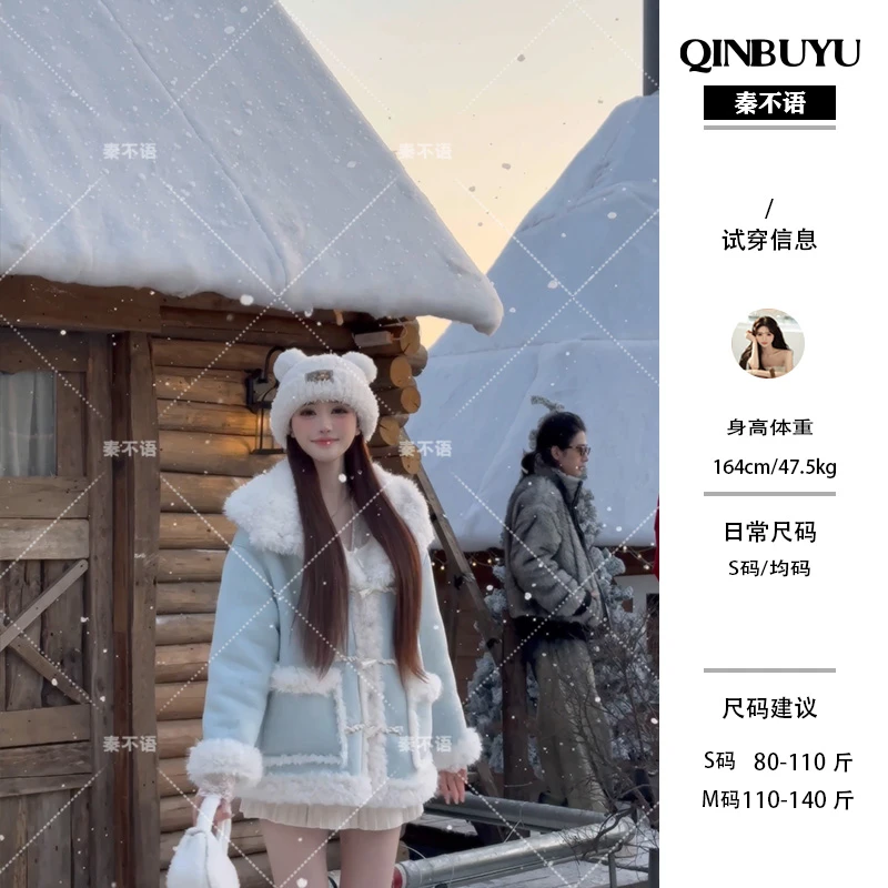 反季清仓【芬兰雪镜】短款连帽牛角扣女冬新款双面穿毛毛外套大衣