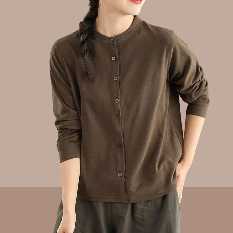 2025秋季时尚新款复古衬衫女大码外套宽松百搭单排扣长袖纯色上衣