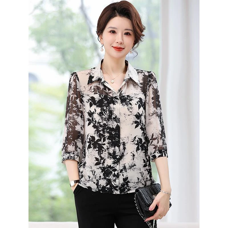 中轻妈妈装七分袖衬衫2025春夏新款洋气高贵薄款雪纺小衫上衣套装