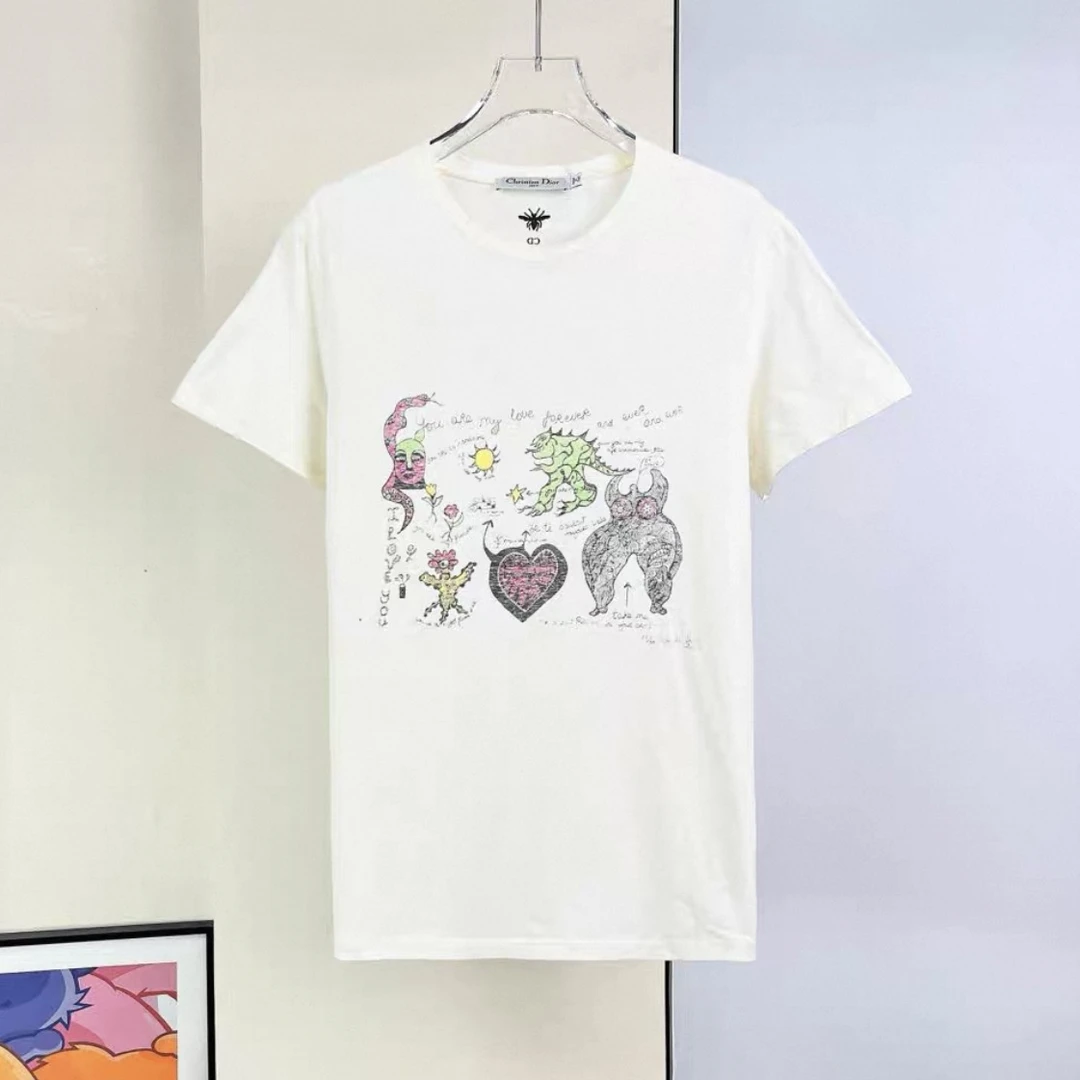 未使用 DIOR/迪奥 -100汤/P225581671/奶白蜜蜂logo小怪兽图案T恤