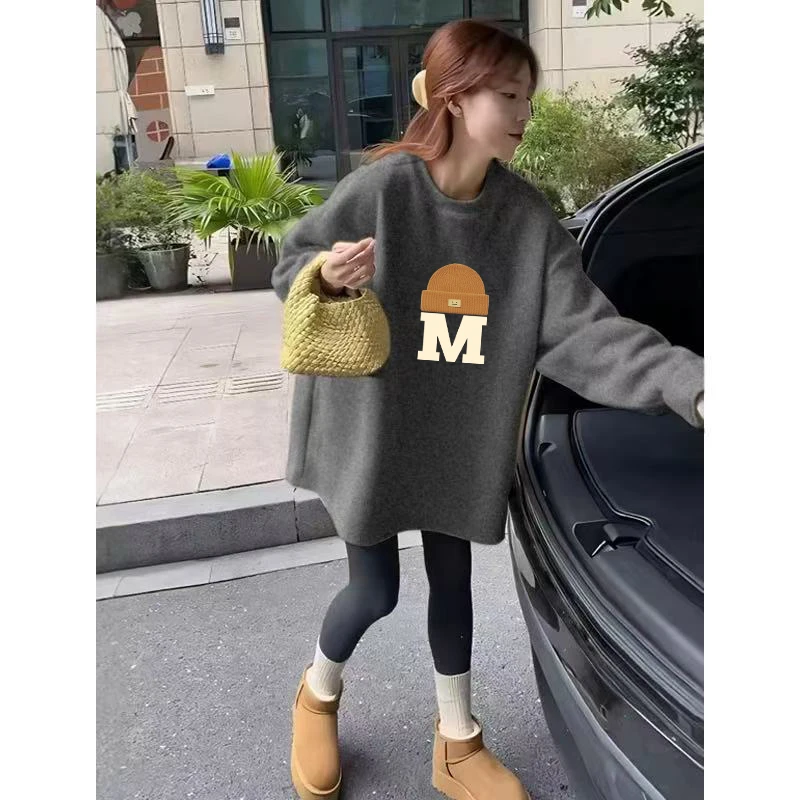 中长款圆领长袖T恤女秋冬新款洋气减龄大码宽松胖mm德绒保暖上衣