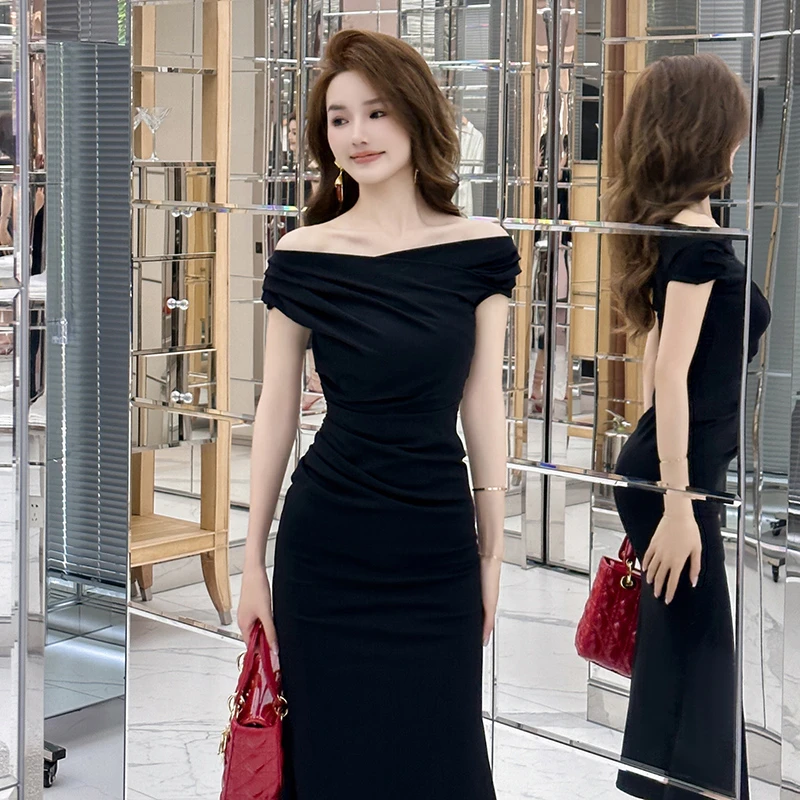 【十六推荐】一字肩连衣裙女气质法式高腰中长款包臀鱼尾裙30161