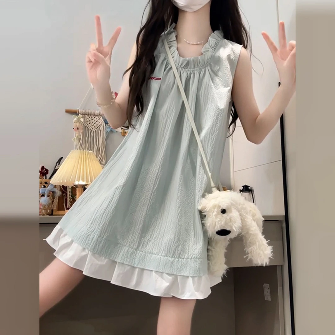 法式气质无袖绿色连衣裙子女装夏季2025新款今年流行爆款娃娃短裙