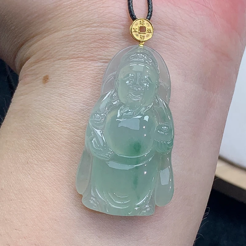 冰种 精雕 飘绿 18K金扣头财神 吊坠 13.83g缅甸天然A货翡翠玉石
