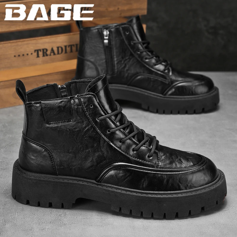 八哥秋冬男士马丁靴2024新款黑色机车皮靴防滑保暖高帮厚底工装靴