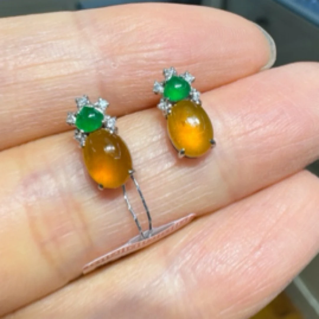 A货冰润黄翡蛋面时尚百搭女士耳钉