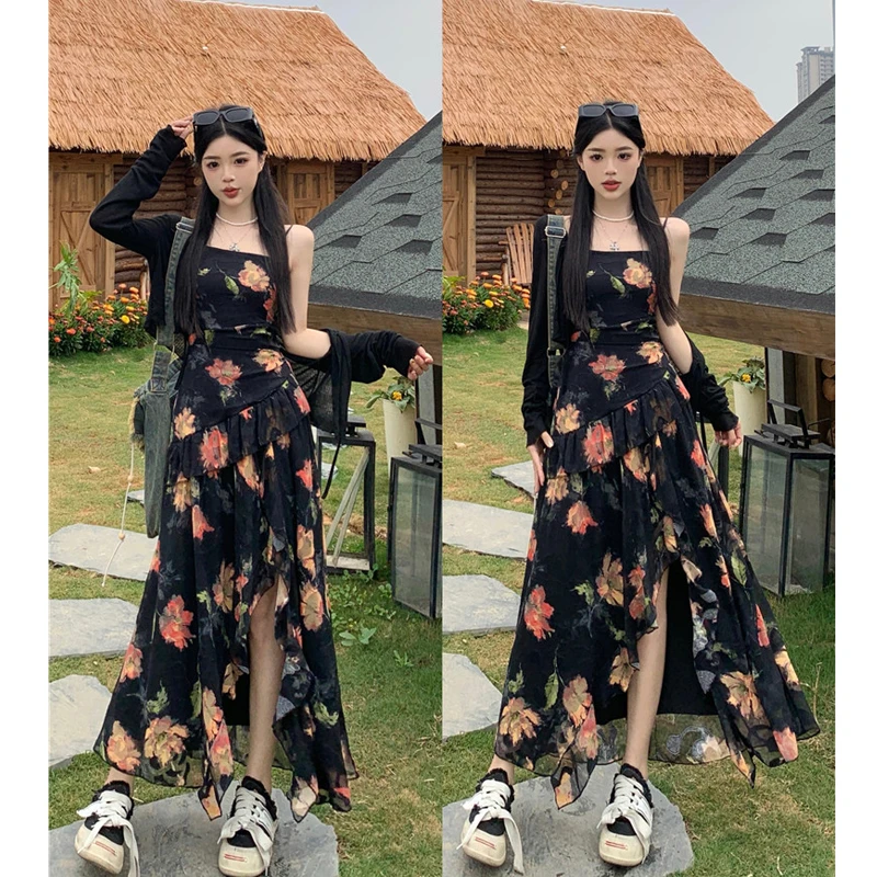 大码度假风重工提花不规则设计感吊带连衣裙遮肉黑色开衫洋气穿搭