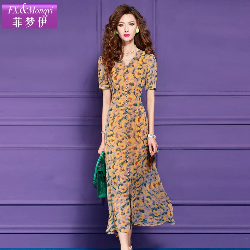 菲梦伊原创印花黄色连衣裙女短袖夏装法式复古收腰V领长裙子63949