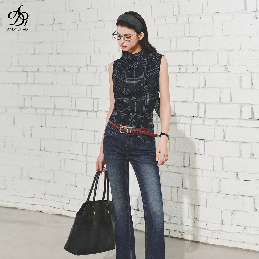 ANDYET AD1复古三角围巾背心女宽松显瘦格纹上衣气质收腰无袖T恤