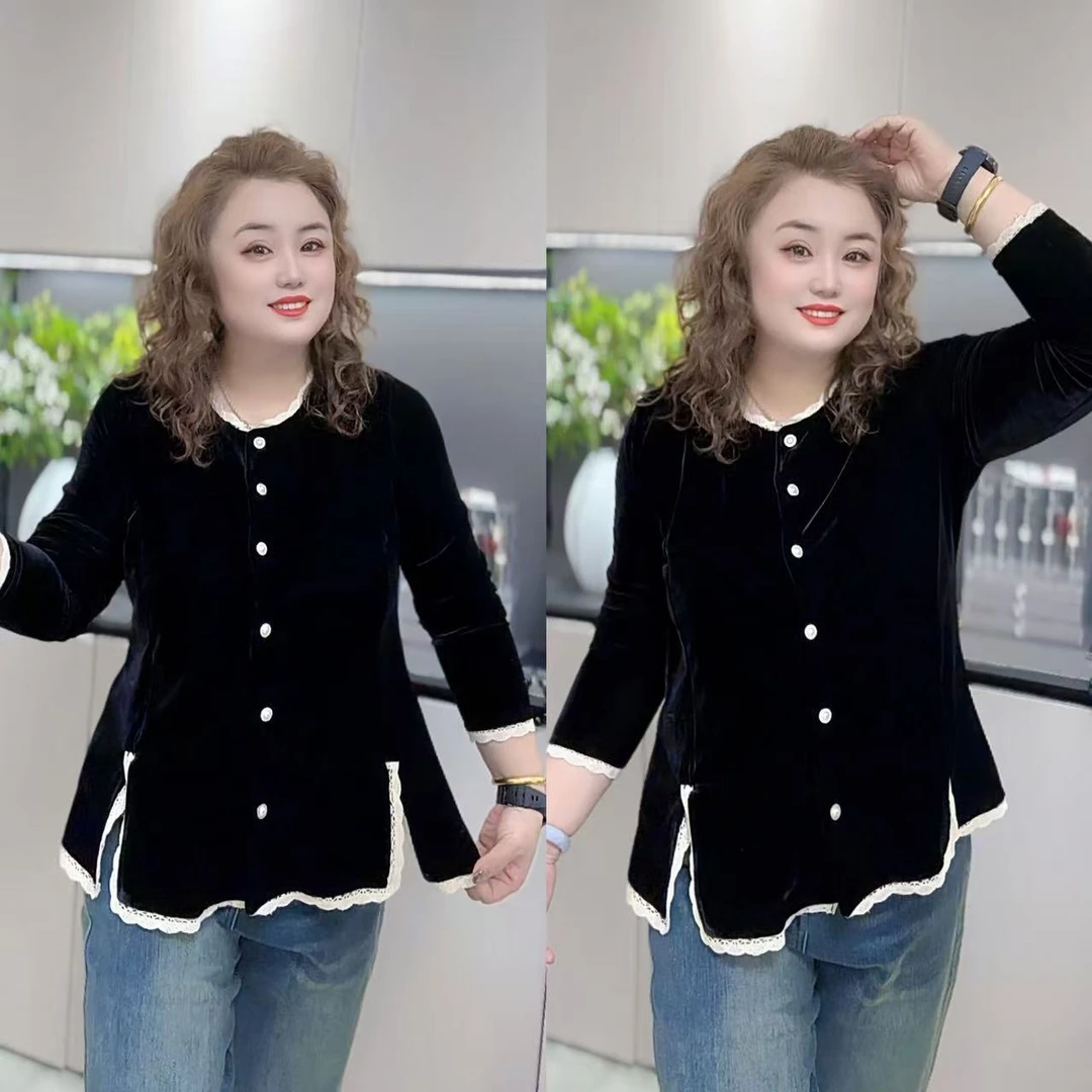 3731（丹姐家）长袖加厚圆领单排扣拼色黑色上衣百搭通勤慵懒风开衫