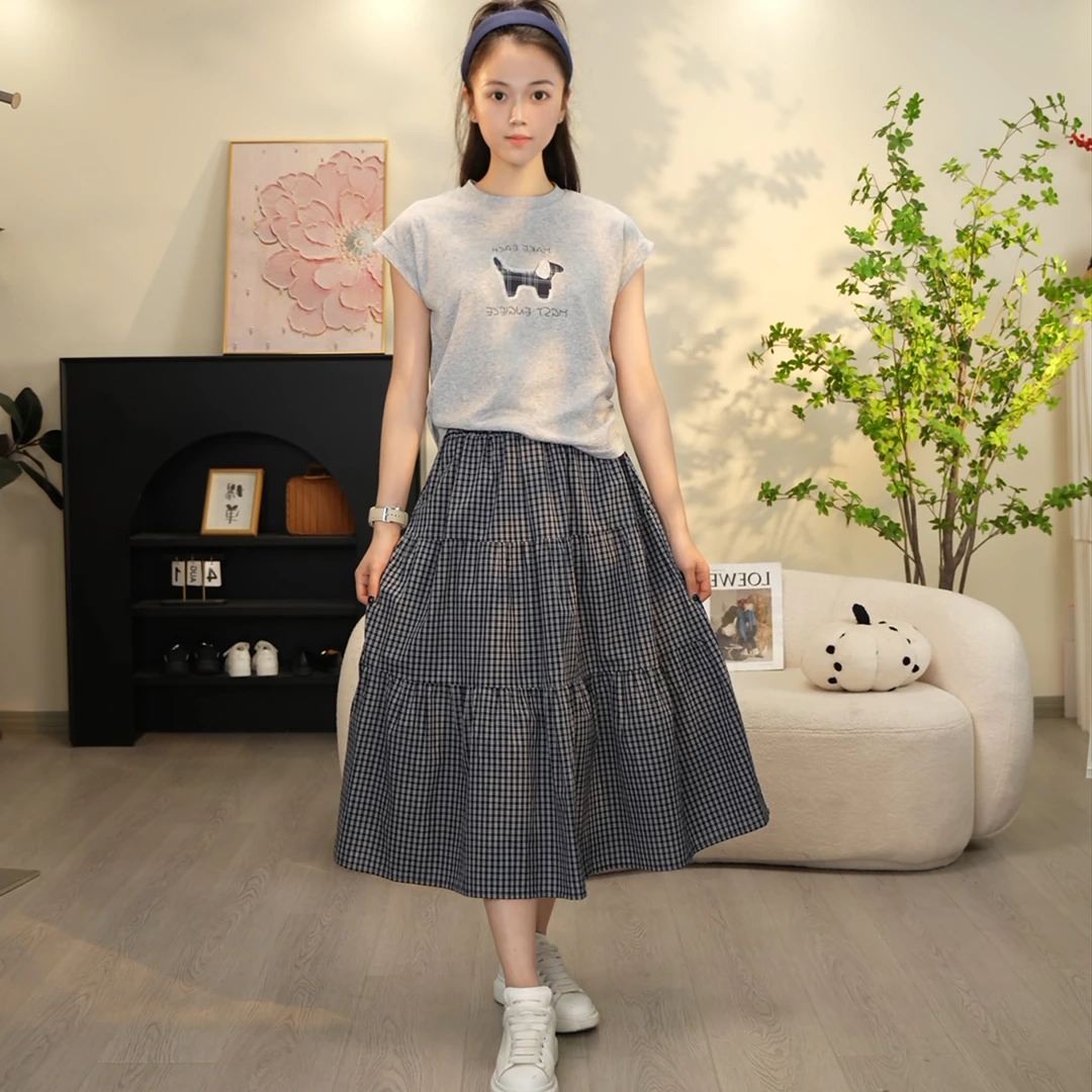 【涵妈推荐】女大童卡通狗上衣格子半身裙两件套韩版洋气初中生套装