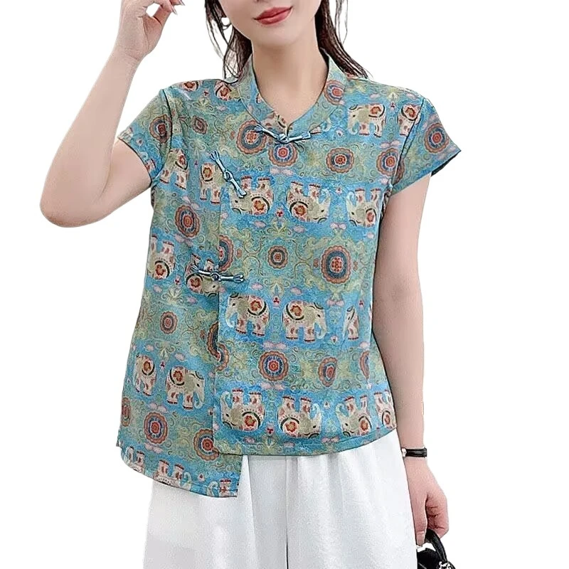 中老年新中式立领中国风气质提花短袖衬衫女款国风斜襟单上衣