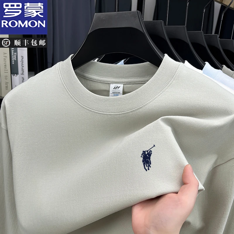 罗蒙春季男士长袖纯棉T恤时尚百搭宽松刺绣青年运动休闲圆领卫衣