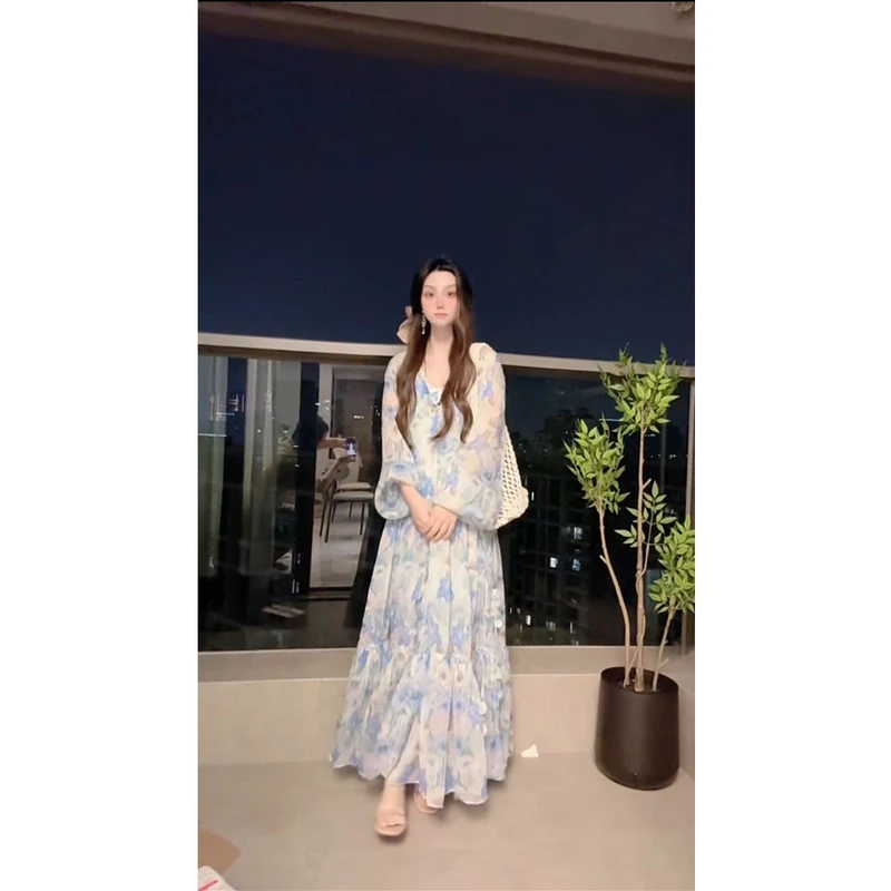 【春意不晚】春夏高级花影仲夏海边度假蓝绿调灯笼袖飘逸印花连衣裙