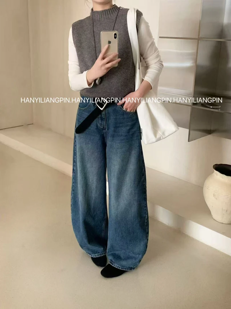 【弯刀牛仔裤】韩版百搭复古设计感牛仔裤