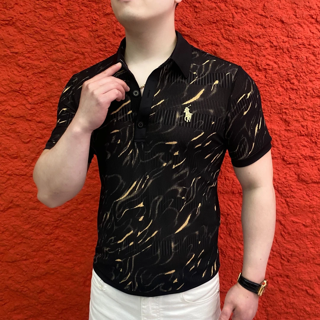 男细纹修身型欧美简约夏季Polo衫男装潮流修身休闲