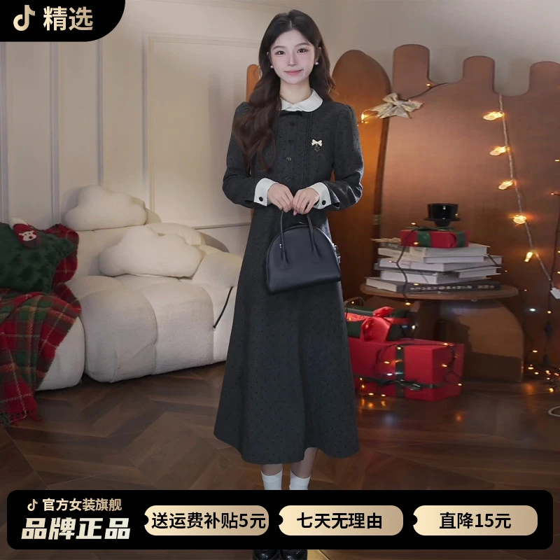 法式小香风灰色娃娃领连衣裙子女2026秋冬季新款千金收腰气质长裙