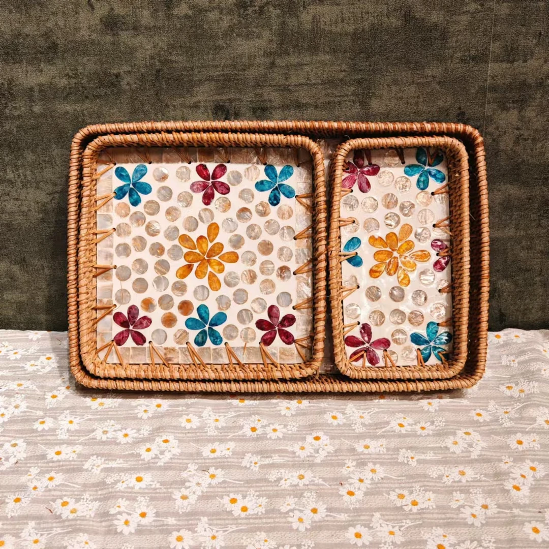 H越南真藤36*24*4多彩礼花贝壳盘茶杯茶具干果零食水果盘三件套