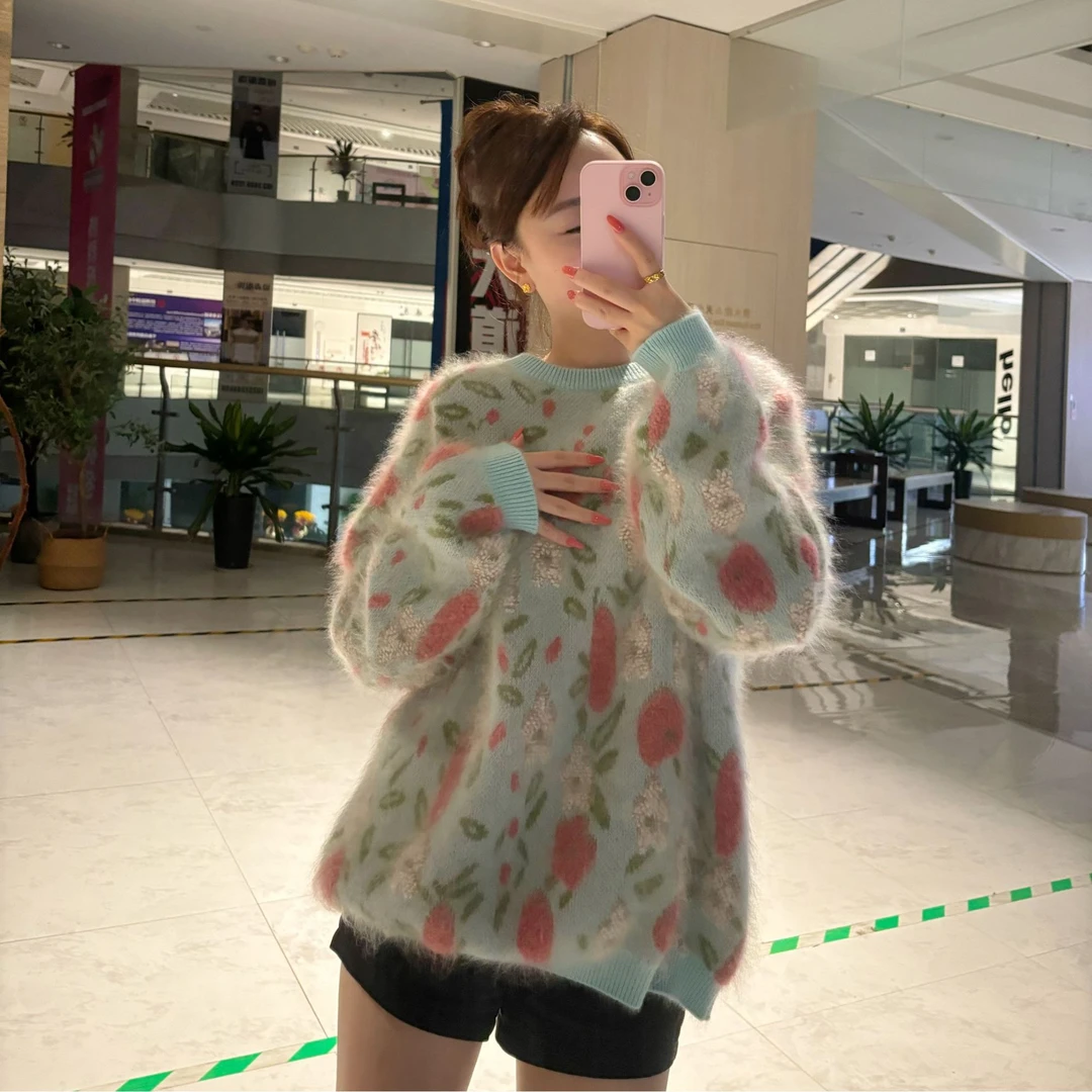 100%山羊绒拉绒毛巾绣提花羊绒衫宽松型花朵韩版绿色圆领设计感女