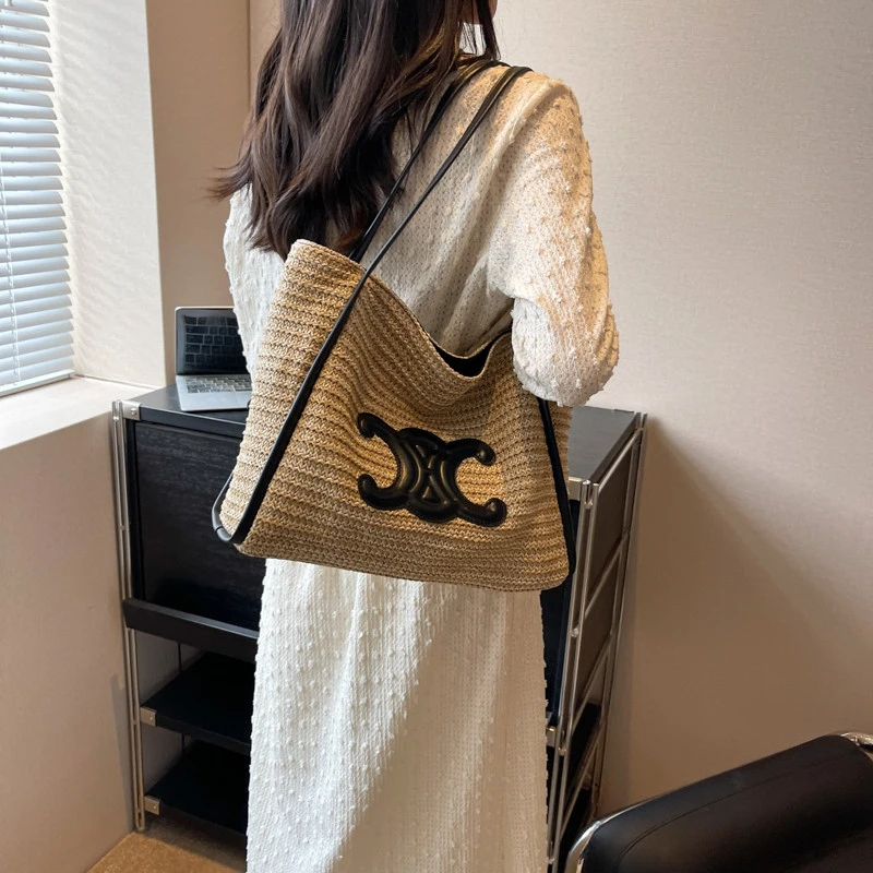 大容量托特包女夏季海边度假风时尚豹纹草编百搭气质单肩包编织包