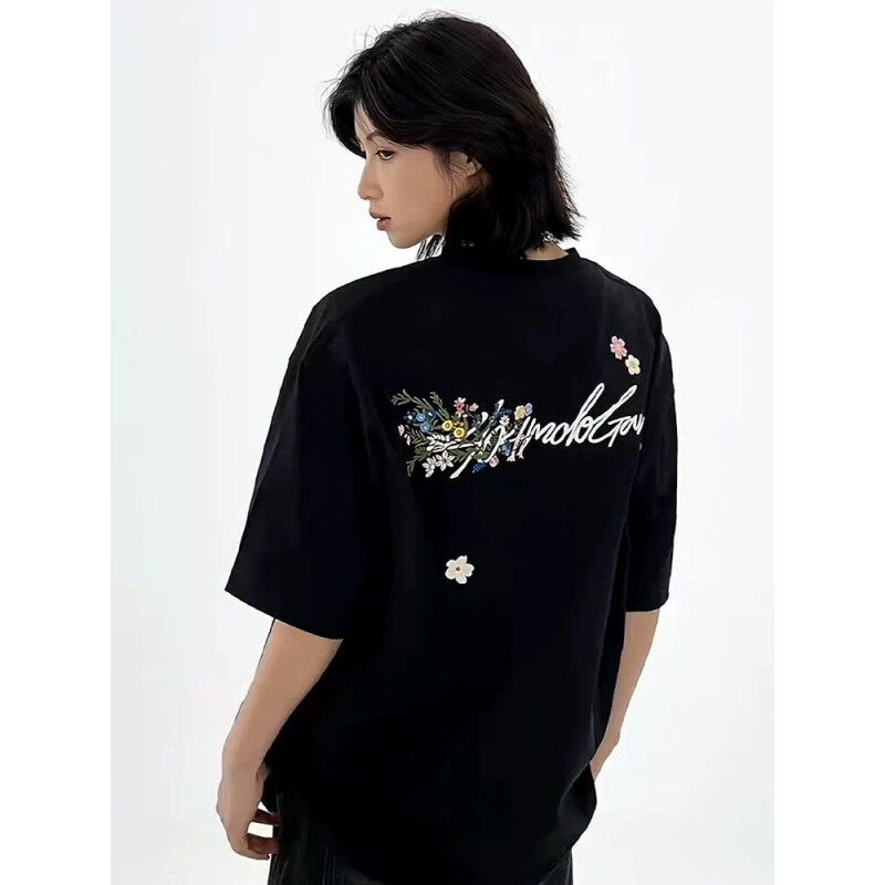 2025新款夏季印花花卉短袖t恤重工男装宽松情侣潮流纯棉重磅上衣