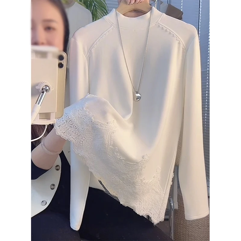 法式蕾丝花边拼接双面德绒上衣女2025秋冬新款时尚百搭显瘦打底衫
