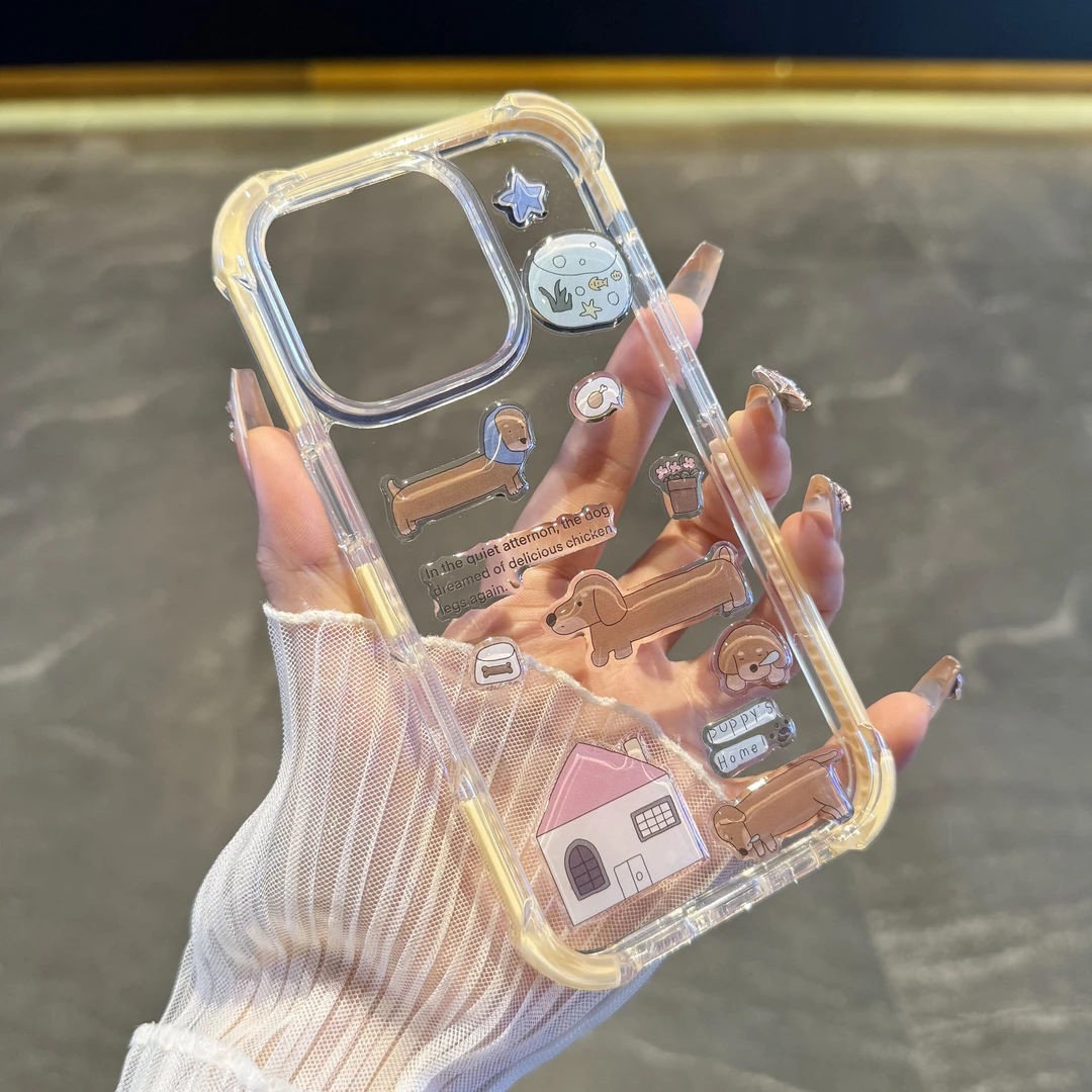 适用于苹果16promax手机壳新款diy腊肠狗立体iPhone15透明奶黄14